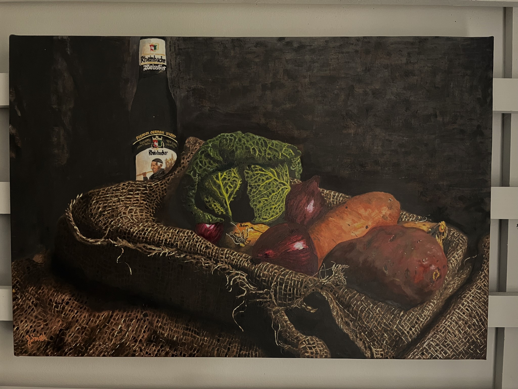 Vegetable Basket with Beer on Wall Easel