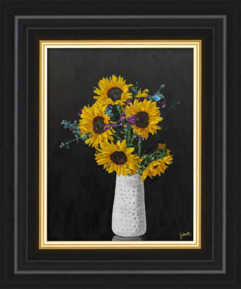 Five sunflowers in a white vase - in black/gold frame