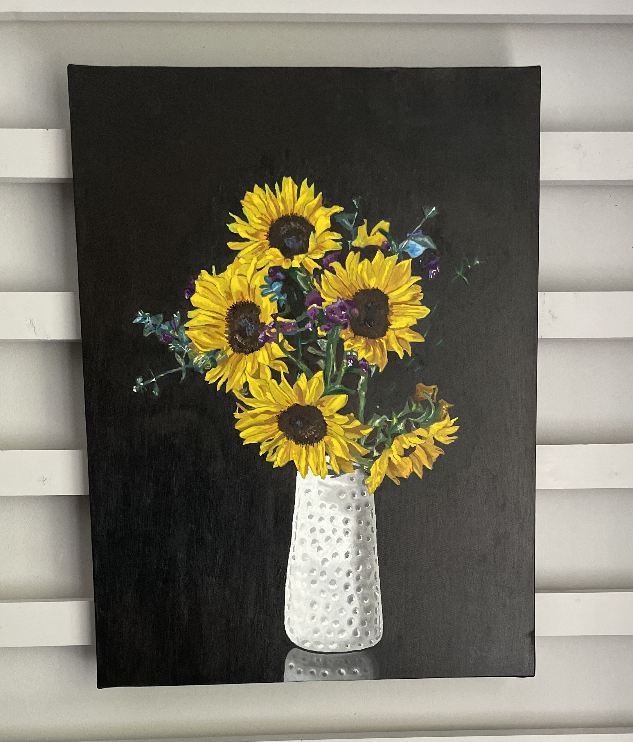Five sunflowers in a white vase - in the studio